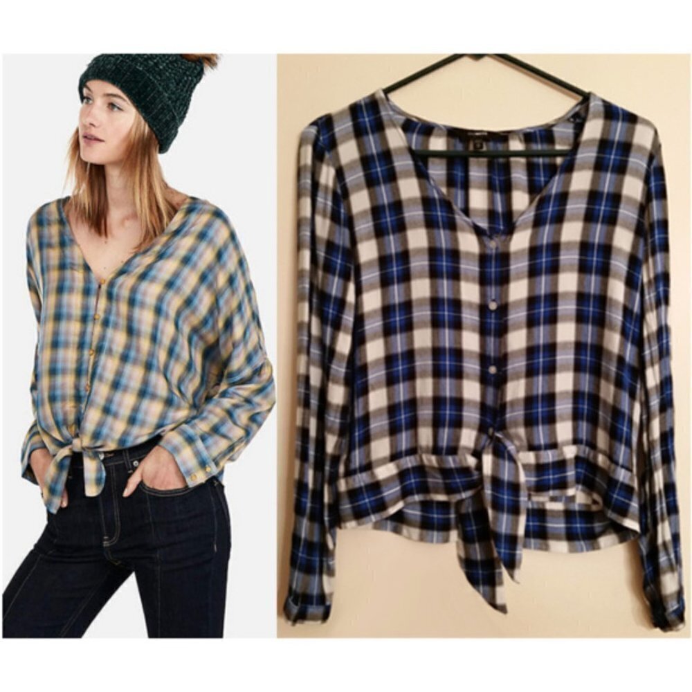 Express plaid blue wrap tie waist front shirt top XS/S boxy relaxed fit.